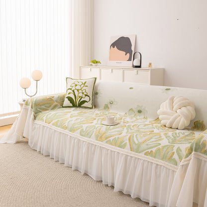 Botanical Sofa Cover with Chiffon Skirt, Floral Couch Throw Blanket for All-Season