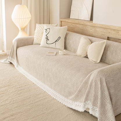 Sofa Cover Throw with Lace Trim & Pom-Pom Fringe, Decorative Couch Cover Blanket