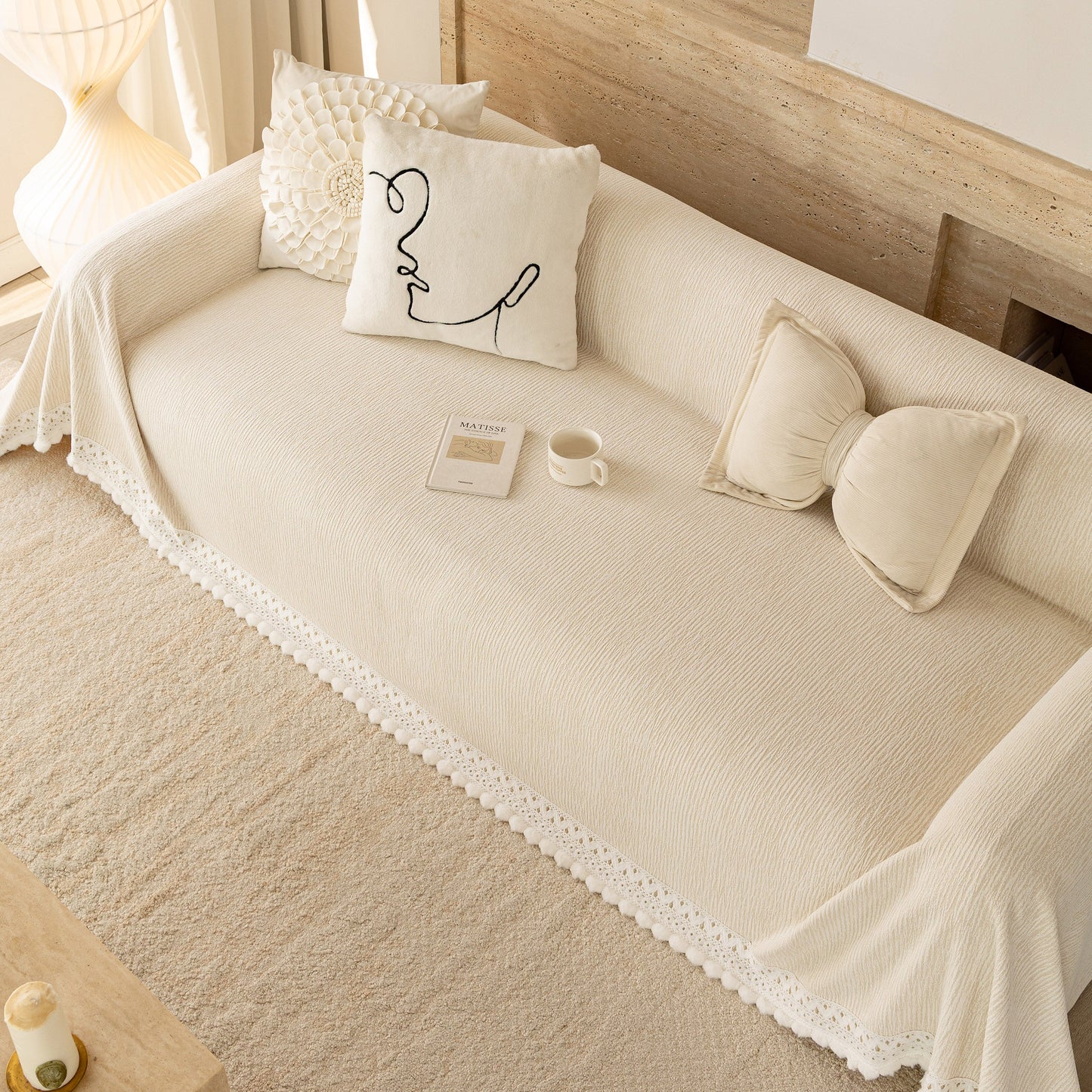 Sofa Cover Throw with Lace Trim & Pom-Pom Fringe, Decorative Couch Cover Blanket