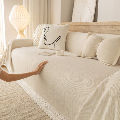 Sofa Cover Throw with Lace Trim & Pom-Pom Fringe, Decorative Couch Cover Blanket