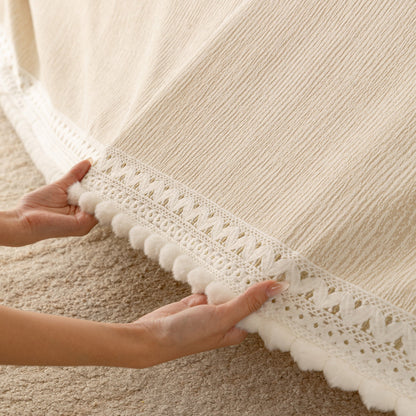 Sofa Cover Throw with Lace Trim & Pom-Pom Fringe, Decorative Couch Cover Blanket