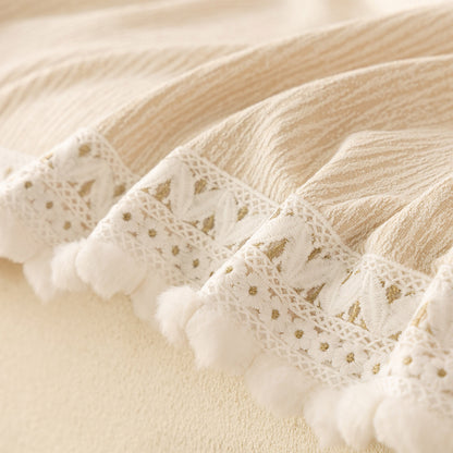 Sofa Cover Throw with Lace Trim & Pom-Pom Fringe, Decorative Couch Cover Blanket