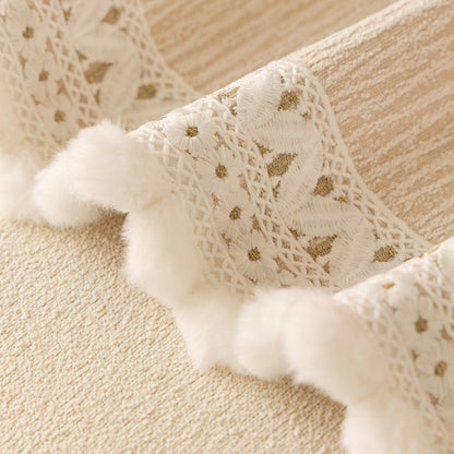 Sofa Cover Throw with Lace Trim & Pom-Pom Fringe, Decorative Couch Cover Blanket