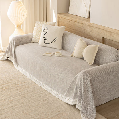 Sofa Cover Throw with Lace Trim & Pom-Pom Fringe, Decorative Couch Cover Blanket