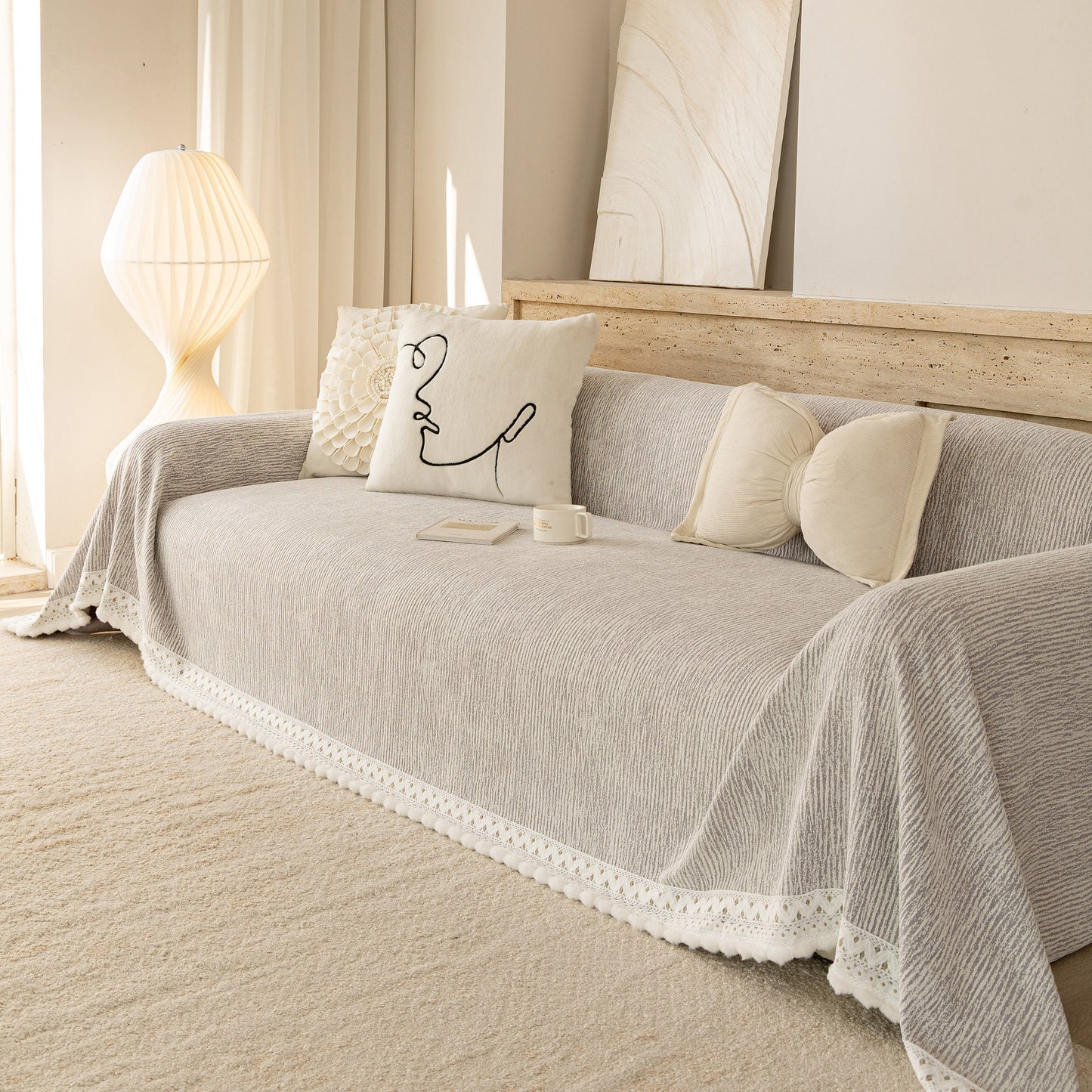 Sofa Cover Throw with Lace Trim & Pom-Pom Fringe, Decorative Couch Cover Blanket
