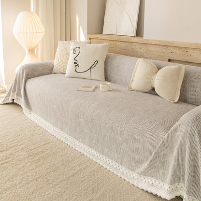Sofa Cover Throw with Lace Trim & Pom-Pom Fringe, Decorative Couch Cover Blanket