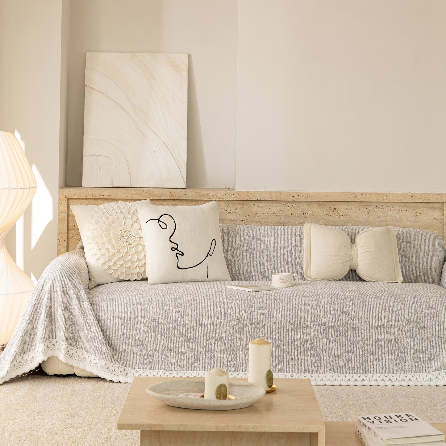 Sofa Cover Throw with Lace Trim & Pom-Pom Fringe, Decorative Couch Cover Blanket