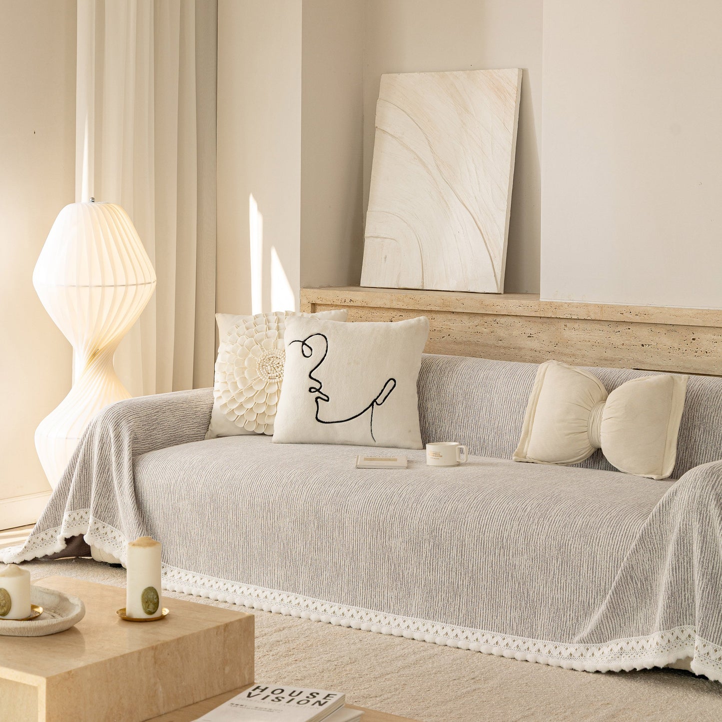 Sofa Cover Throw with Lace Trim & Pom-Pom Fringe, Decorative Couch Cover Blanket