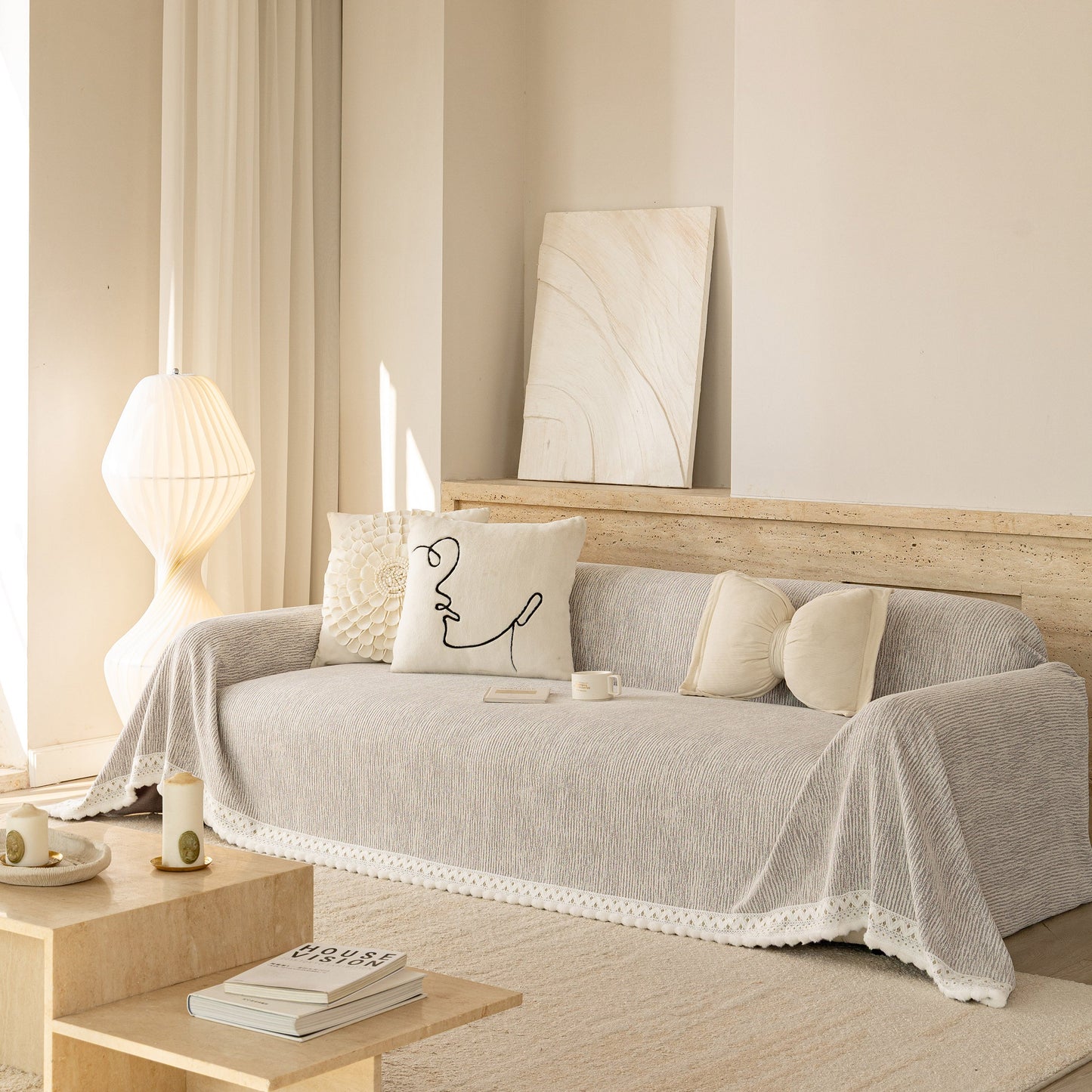Sofa Cover Throw with Lace Trim & Pom-Pom Fringe, Decorative Couch Cover Blanket