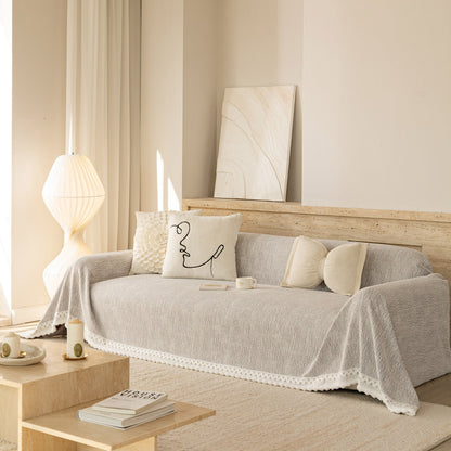 Sofa Cover Throw with Lace Trim & Pom-Pom Fringe, Decorative Couch Cover Blanket