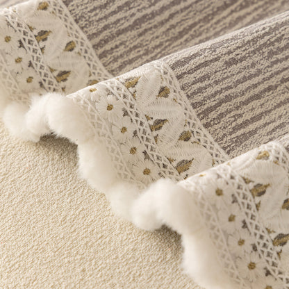 Sofa Cover Throw with Lace Trim & Pom-Pom Fringe, Decorative Couch Cover Blanket