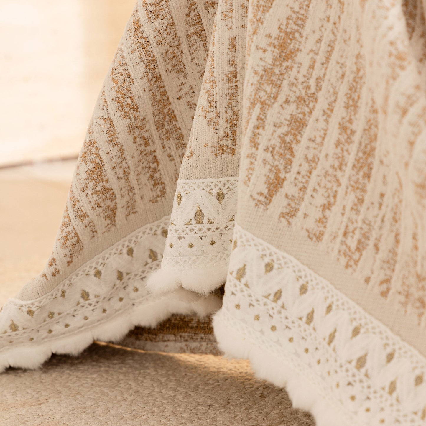 Lace Trim Pom Pom Tassel Edge Slipcover, Durable Furniture Cover for Pets Couch Sofa