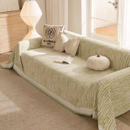 Lace Trim Pom Pom Tassel Edge Slipcover, Durable Furniture Cover for Pets Couch Sofa