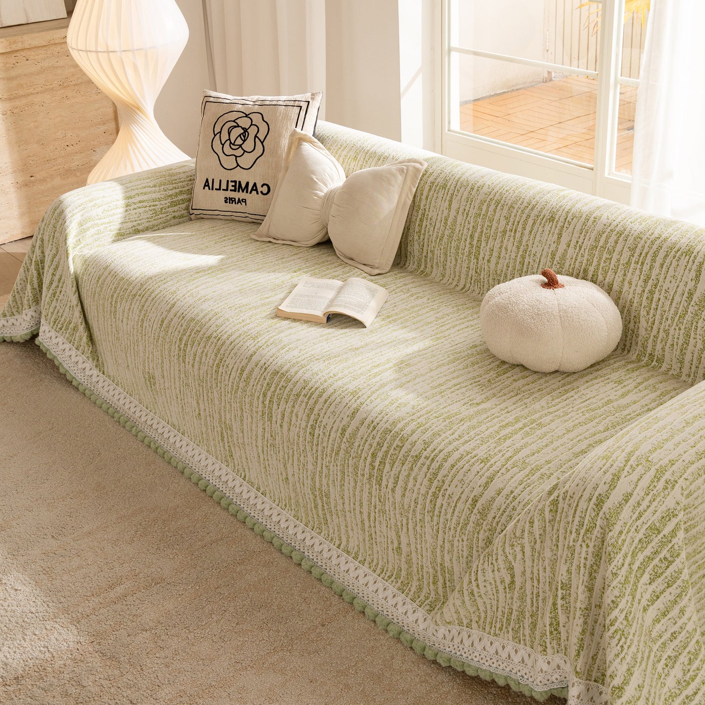Lace Trim Pom Pom Tassel Edge Slipcover, Durable Furniture Cover for Pets Couch Sofa