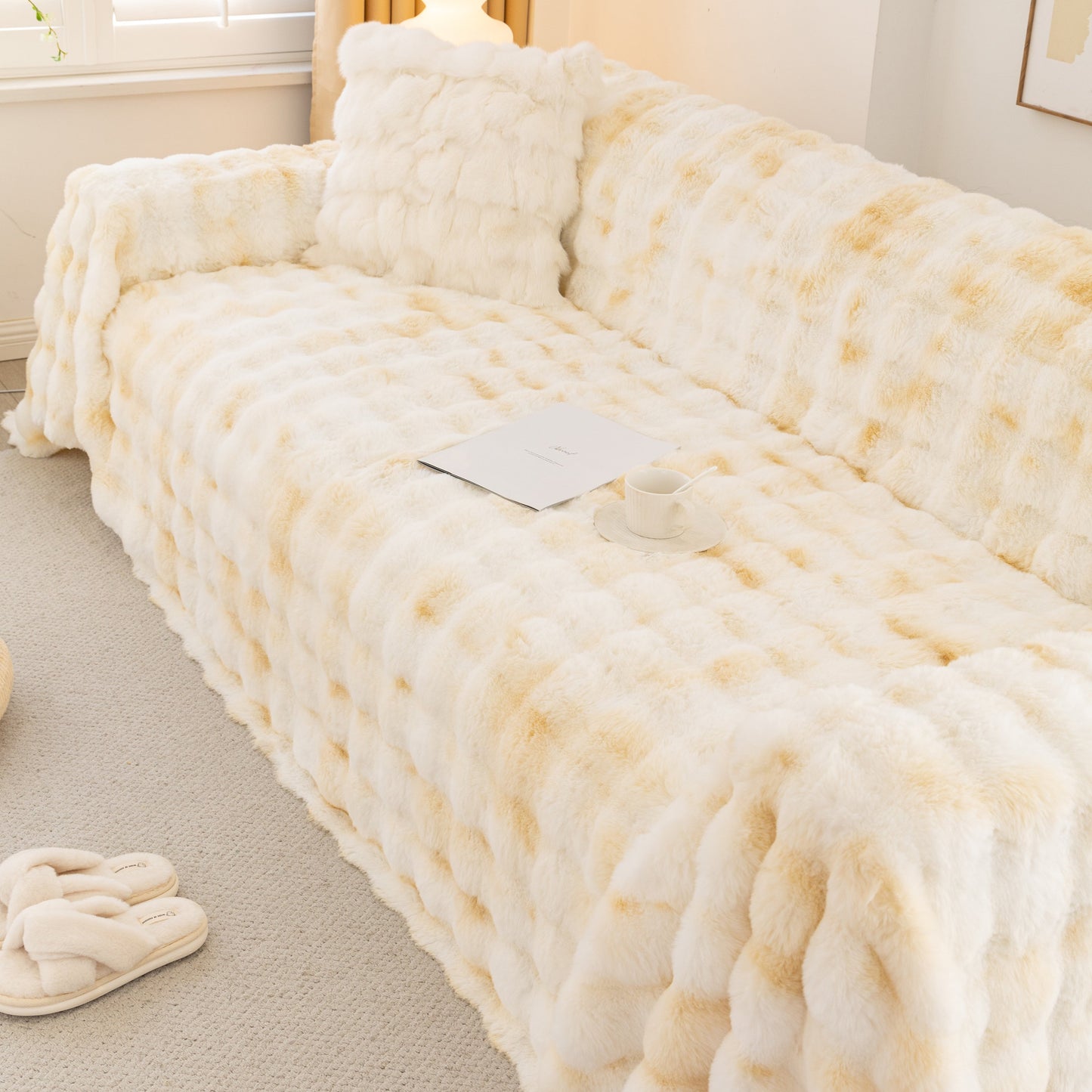 Thick Faux Fur Couch Cover Fluffy Fuzzy Warm Washable Furniture Protector for Kids Pets