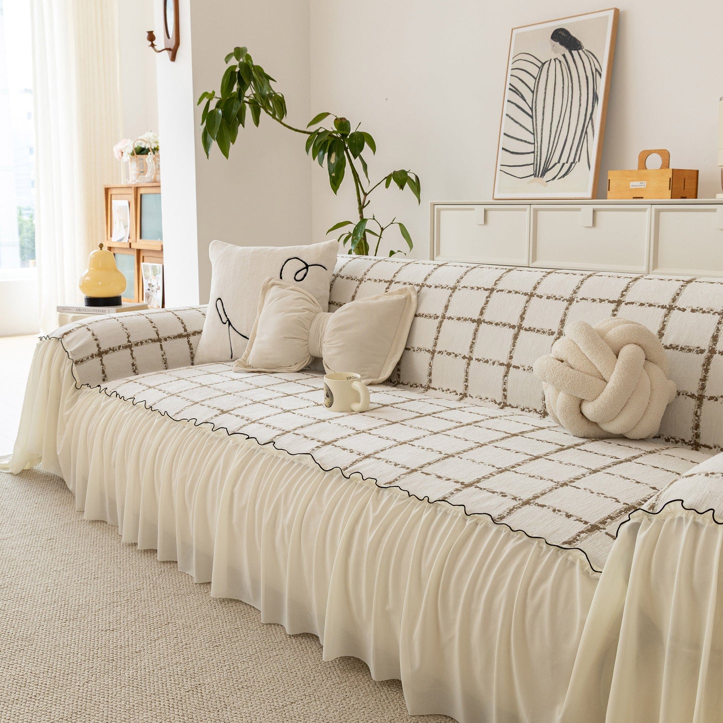 Grid Sofa Cover with Ruffle Skirt – Soft, Decorative, Full-Cover Couch Protector