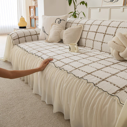 Grid Sofa Cover with Ruffle Skirt – Soft, Decorative, Full-Cover Couch Protector