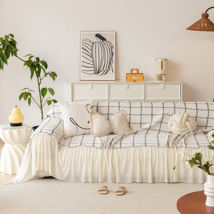 Grid Sofa Cover with Ruffle Skirt – Soft, Decorative, Full-Cover Couch Protector
