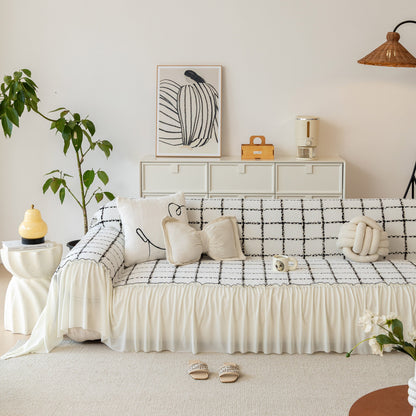 Grid Sofa Cover with Ruffle Skirt – Soft, Decorative, Full-Cover Couch Protector