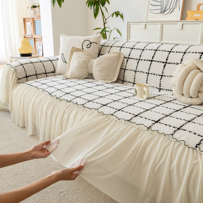 Grid Sofa Cover with Ruffle Skirt – Soft, Decorative, Full-Cover Couch Protector