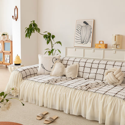 Grid Sofa Cover with Ruffle Skirt – Soft, Decorative, Full-Cover Couch Protector