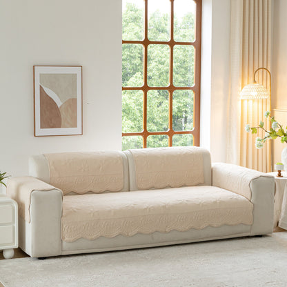 Floral Cotton Quilted Sofa Cover, Non-Slip Couch Protector with Scalloped Edges