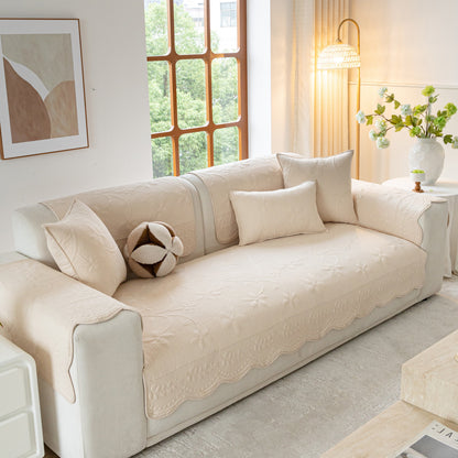 Floral Cotton Quilted Sofa Cover, Non-Slip Couch Protector with Scalloped Edges