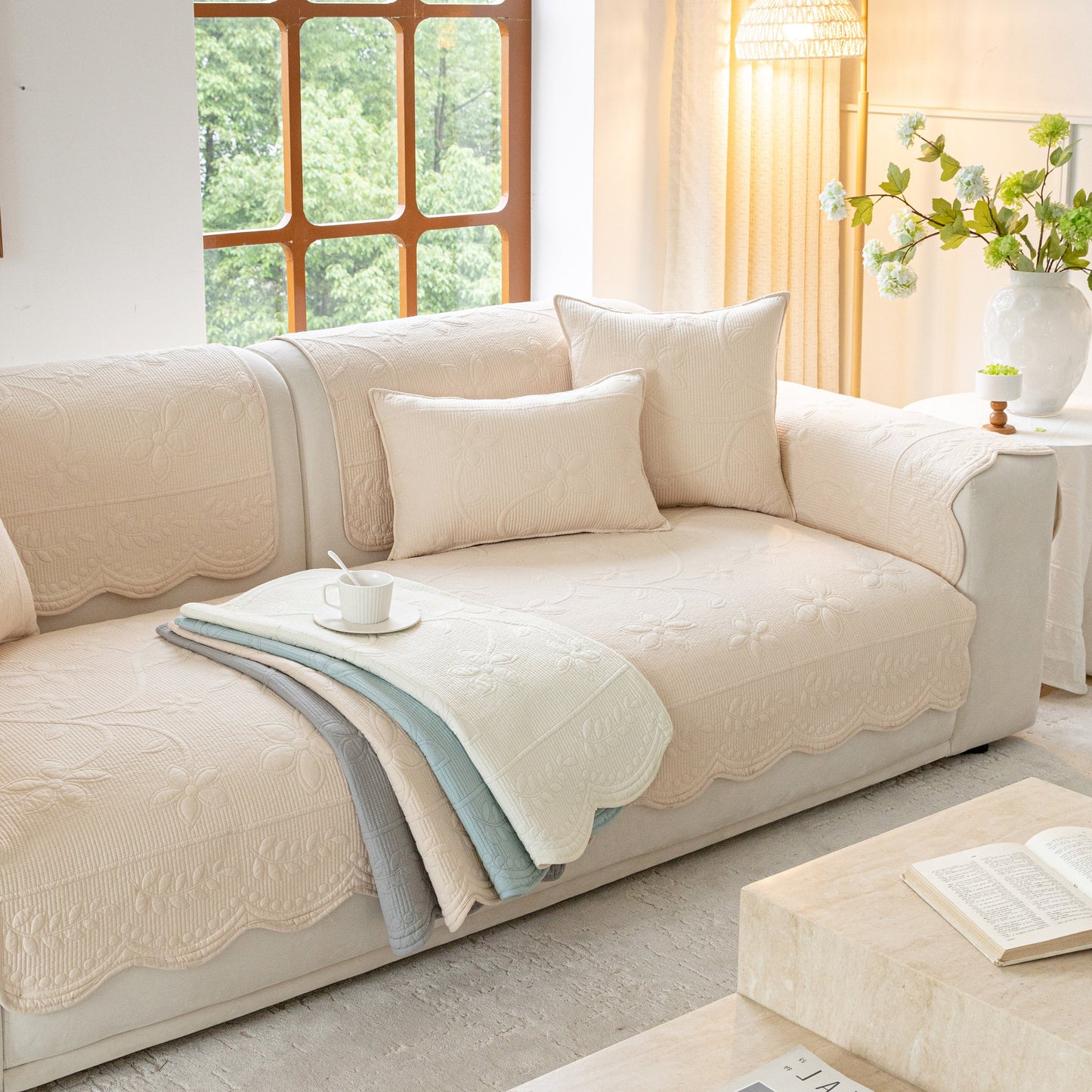 Floral Cotton Quilted Sofa Cover, Non-Slip Couch Protector with Scalloped Edges