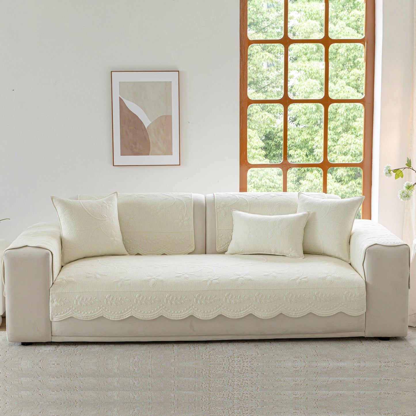 Floral Cotton Quilted Sofa Cover, Non-Slip Couch Protector with Scalloped Edges