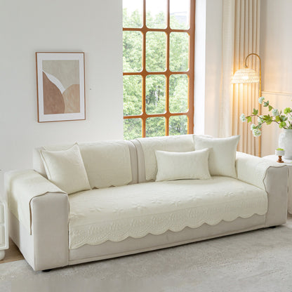 Floral Cotton Quilted Sofa Cover, Non-Slip Couch Protector with Scalloped Edges