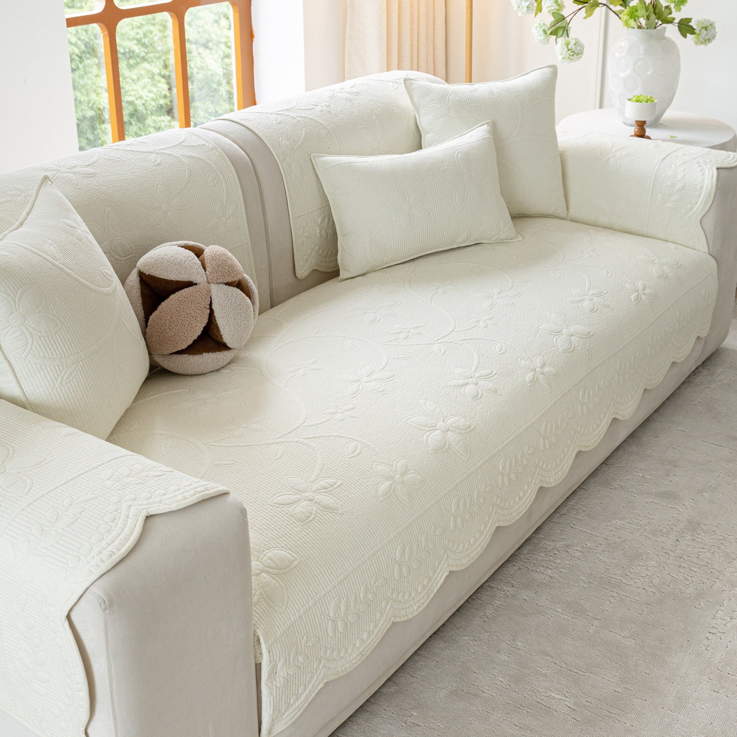 Floral Cotton Quilted Sofa Cover, Non-Slip Couch Protector with Scalloped Edges