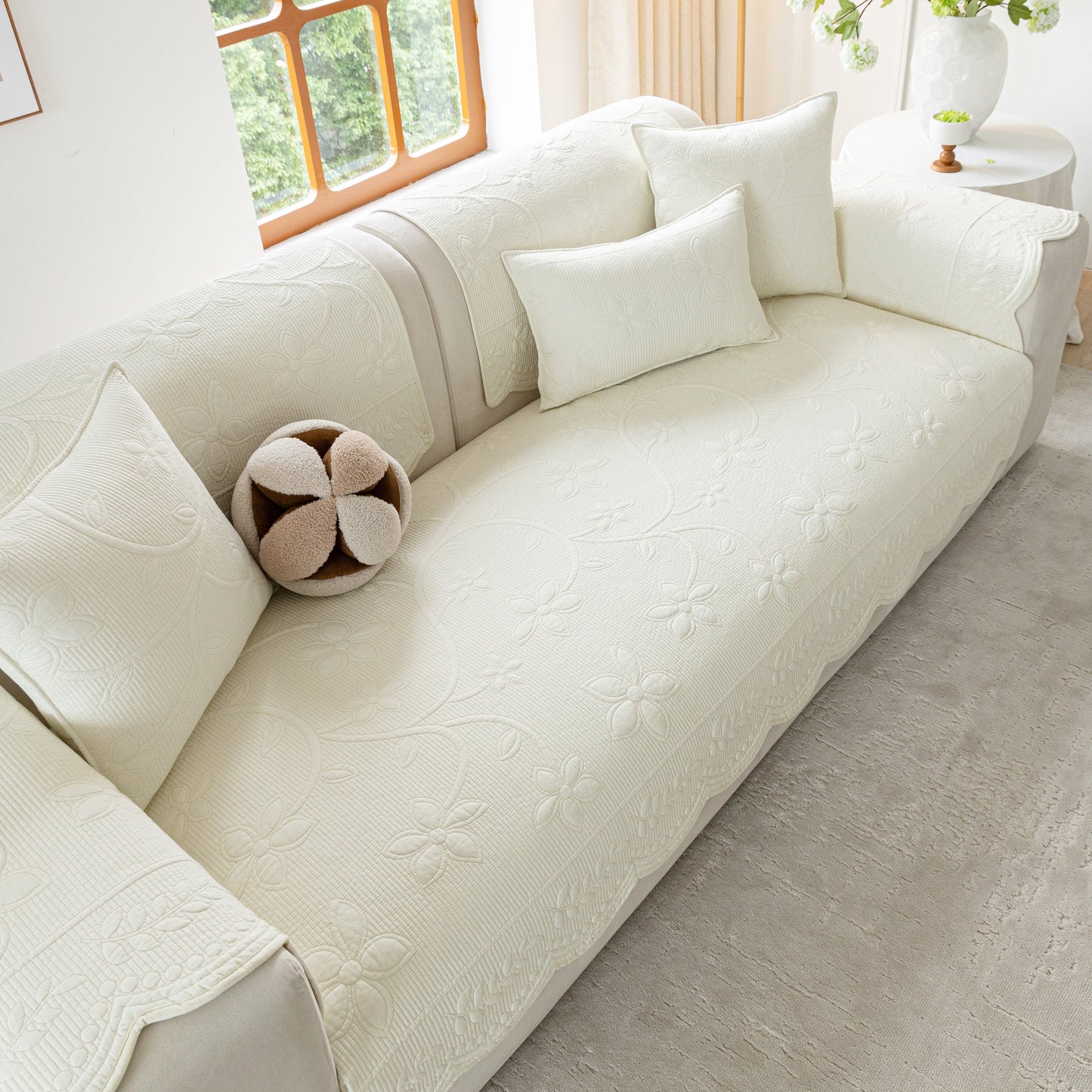 Floral Cotton Quilted Sofa Cover, Non-Slip Couch Protector with Scalloped Edges