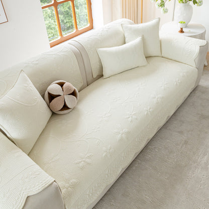 Floral Cotton Quilted Sofa Cover, Non-Slip Couch Protector with Scalloped Edges
