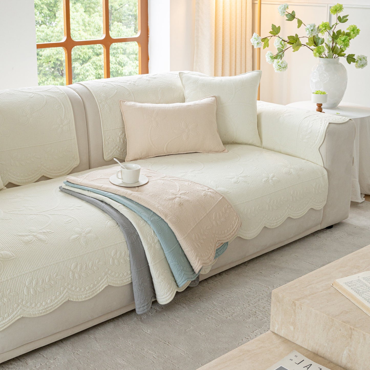 Floral Cotton Quilted Sofa Cover, Non-Slip Couch Protector with Scalloped Edges