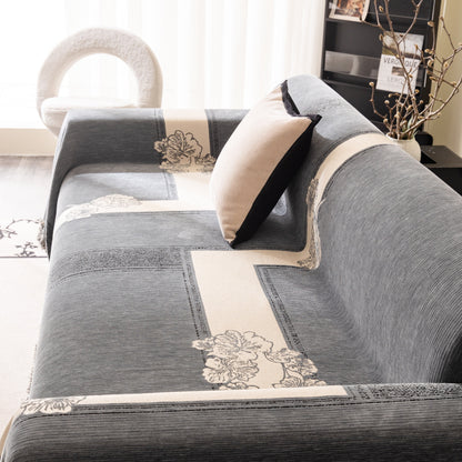 Jacquard Floral Band Sofa Cover with Tassels, Thick Textured Couch Throw Blanket