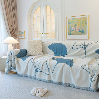 Cozy Couch Throw Blanket with Tassels, Jacquard Leaf Pattern Furniture Protector