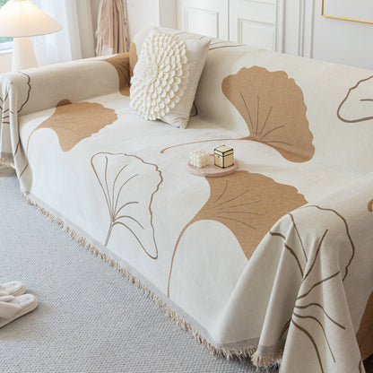 Cozy Couch Throw Blanket with Tassels, Jacquard Leaf Pattern Furniture Protector