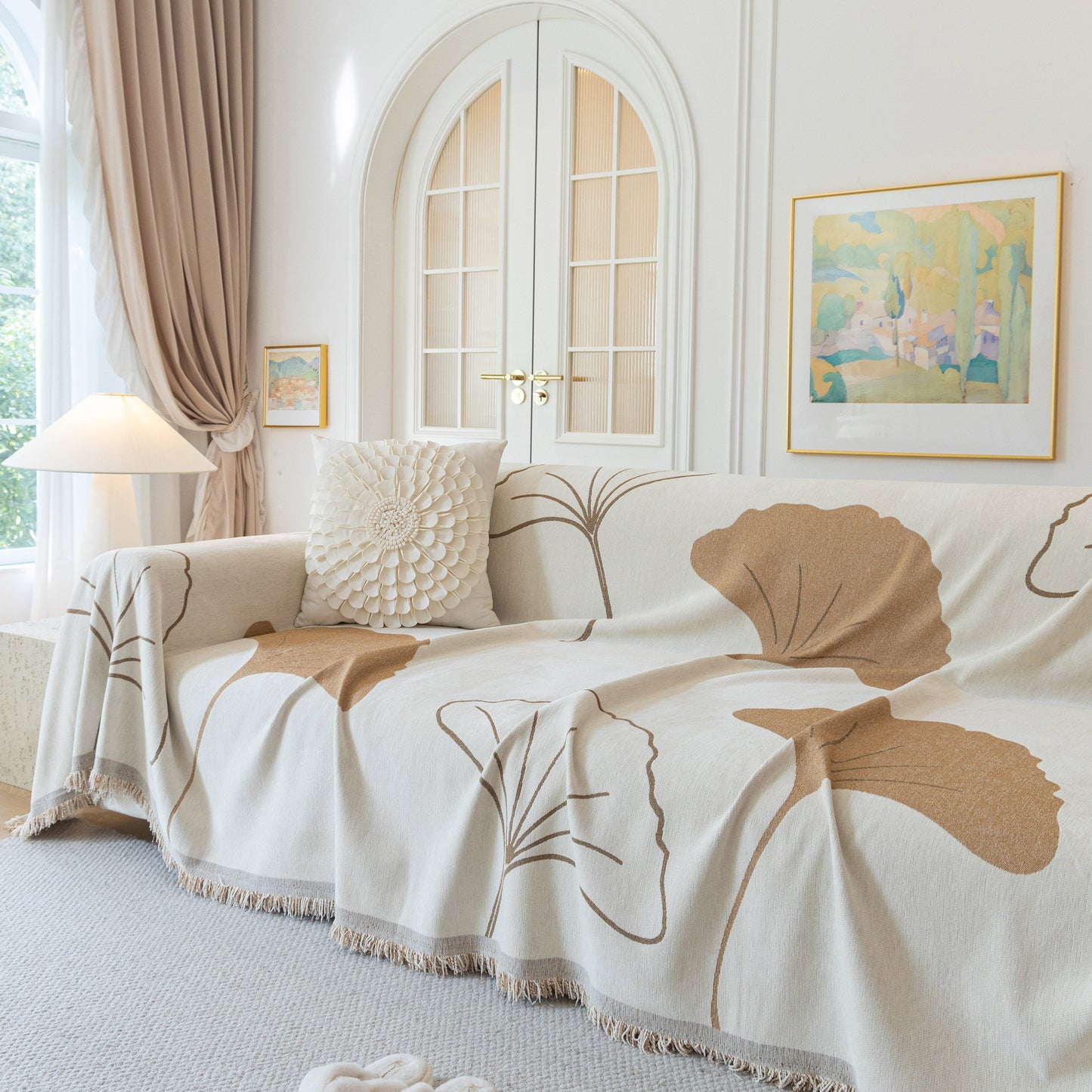 Cozy Couch Throw Blanket with Tassels, Jacquard Leaf Pattern Furniture Protector