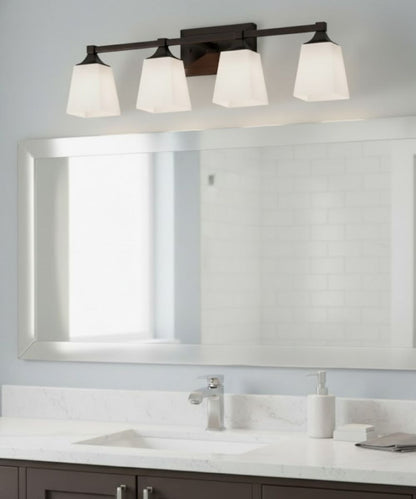27"W 4-Light LED Bath Vanity Light Fixture Oil Rubbed Bronze Finish with Square Glass Shades