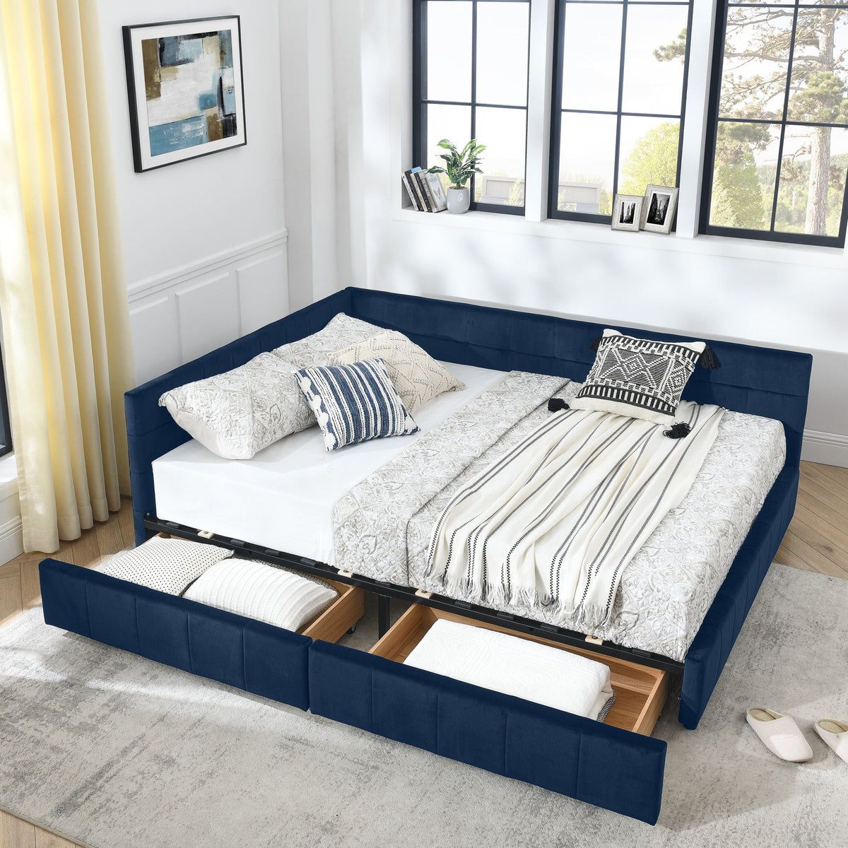 Upholstered Bed Frame With Tufted Backrest And Armrests