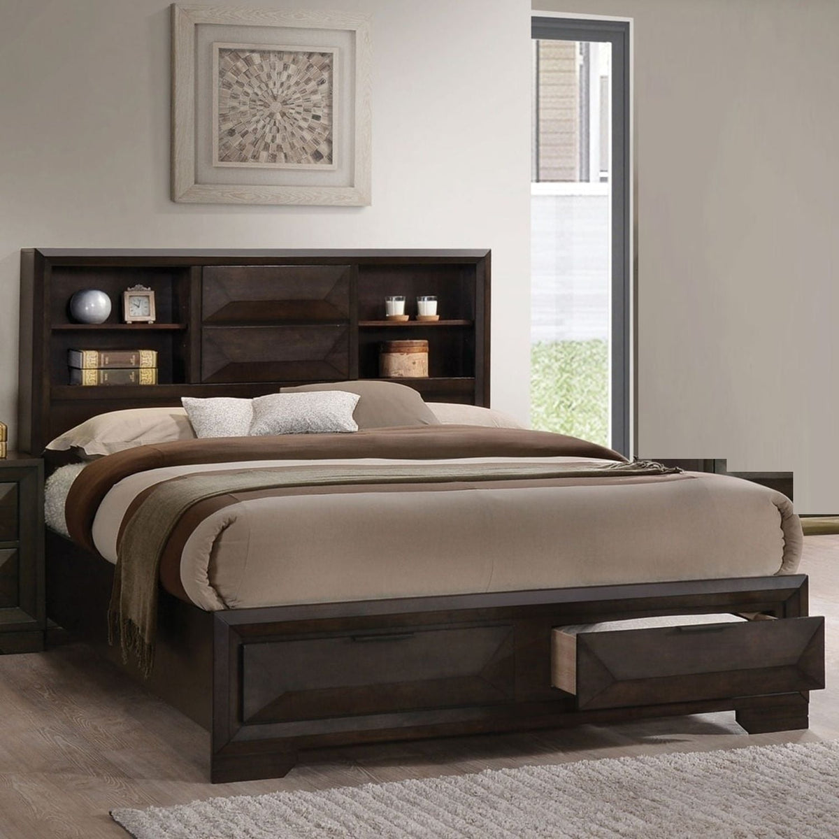Contemporary Style Bed With Bookcase Headboard And Footboard Storage