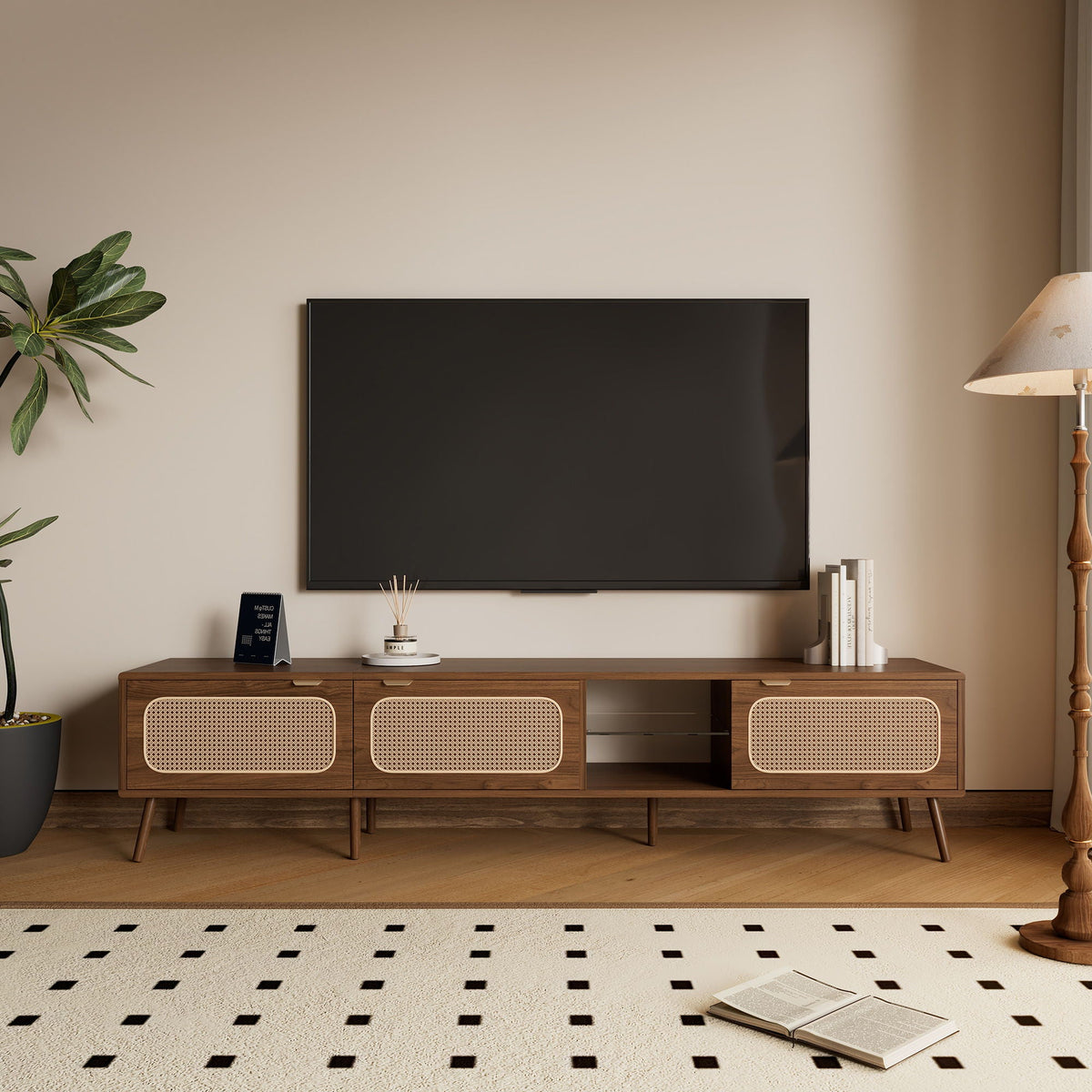 78" TV Stand With Ample Storage And Open Shelving - Walnut