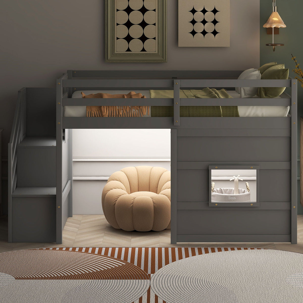 Loft Bed With Storage Staircase, Window & LED Light
