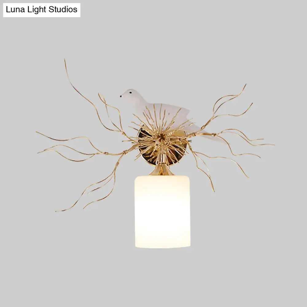 DecorBites™ 1-Head White Glass Wall Lamp for Bedroom - Loft Cylinder Lighting with Bird Accent