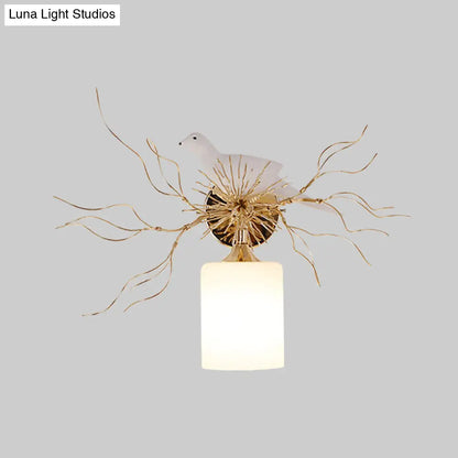 DecorBites™ 1-Head White Glass Wall Lamp for Bedroom - Loft Cylinder Lighting with Bird Accent