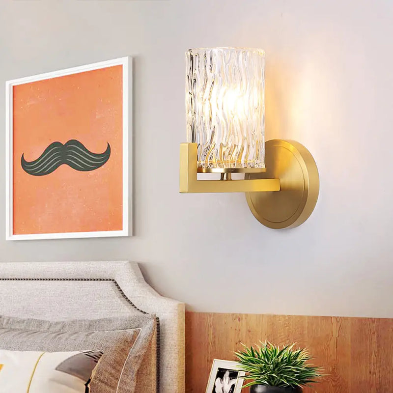 DecorBites™ 1-Light Brass Wall Mount for Bedroom with Cylinder Rippled Glass