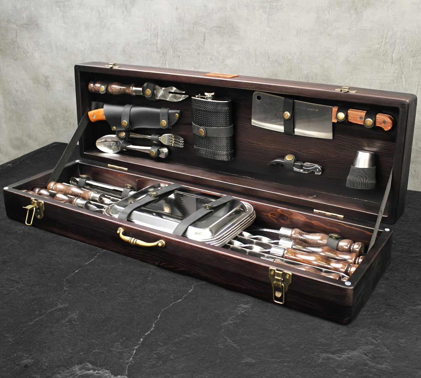 “Wild Boar" Camping Accessories BBQ Skewers Set  in a Wooden Case, 37 items