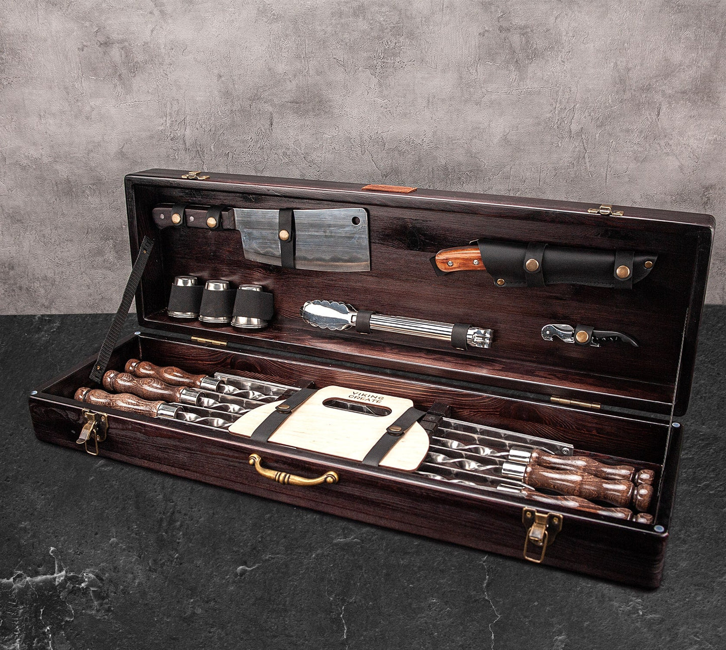 “Moose" Camping Accessories BBQ Skewers Set  in a Wooden Case, 18 items