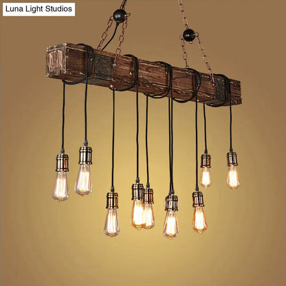 DecorBites™ 10-Head Metal Pendant Lamp with Exposed Bulbs and Wood Beam in Brown Finish