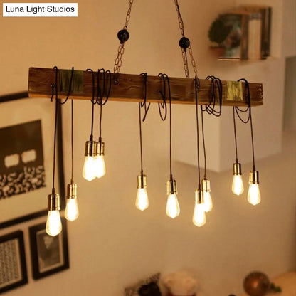 DecorBites™ 10-Head Metal Pendant Lamp with Exposed Bulbs and Wood Beam in Brown Finish